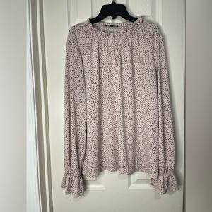 Adrianna Papell Light Pink Black Polka Dot Ruffle Neck Career Wear Top Large